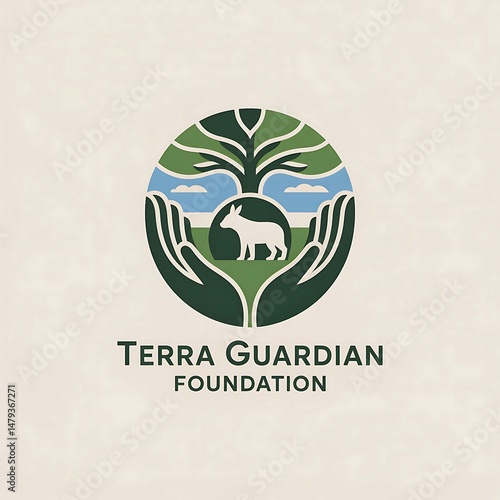 Earthy logo emblem featuring cupped hands nurturing a landscape with a dog under a tree within a protective circle