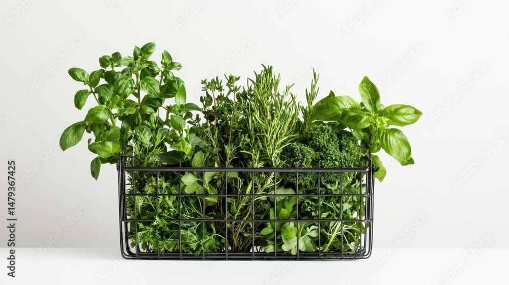 Naklejka premium Wire basket filled with fresh herbs like basil, parsley, and rosemary, showcasing vibrant green colors and natural aesthetic