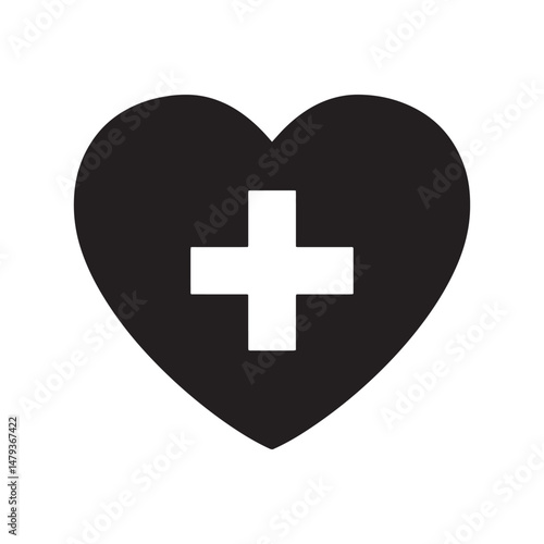 Heart with Medical Cross Silhouette Vector Icon for Healthcare, Emergency and Support Icon
