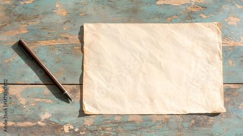 Flatlay of Blank Aged Paper and Pen on Rustic Blue Wooden Table