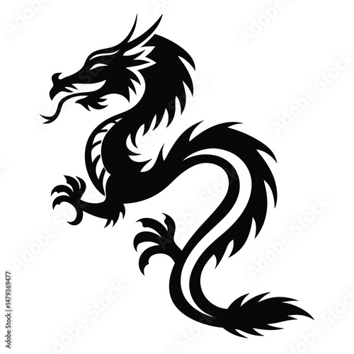 Majestic Black Tribal Dragon Design Graphic Illustration Art