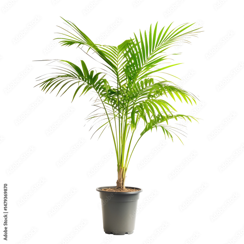 A vibrant palm tree in a gray pot. Lush foliage and a sturdy trunk A vibrant palm tree in a gray pot. Lush foliage and a sturdy trunk