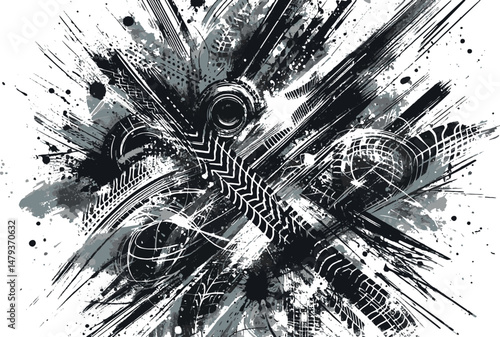 Abstract black and white art featuring dynamic geometric shapes arranged in modern and futuristic patterns. Bold strokes and intricate details create a visually stimulating composition