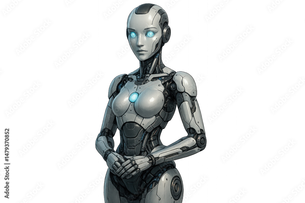 Robot with glowing eyes, standing, white background. Isolated on transparent background.
