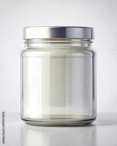 High-Detail Render of a Wide Glossy Glass Jar with Metal Lid