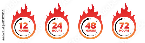 Set of fiery countdown timer icons for urgent delivery or sale: 12, 24, 48, and 72 hours. Ideal for marketing, ecommerce, and fast service promotions. Vector illustration in red-orange flame style.
