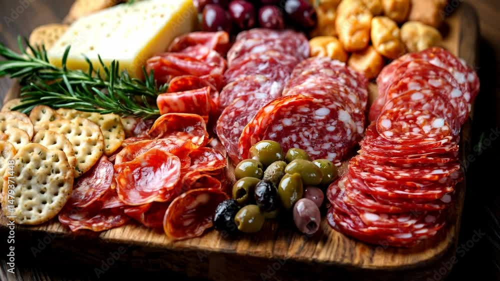 Elegant charcuterie board with a variety of cured meats, cheeses, olives, and crackers.
Elegant charcuterie board with a variety of cured meats, cheeses, olives, and crackers.