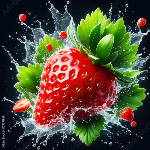 Fresh strawberry with green leaves, surrounded by splashing water. Vibrant colors