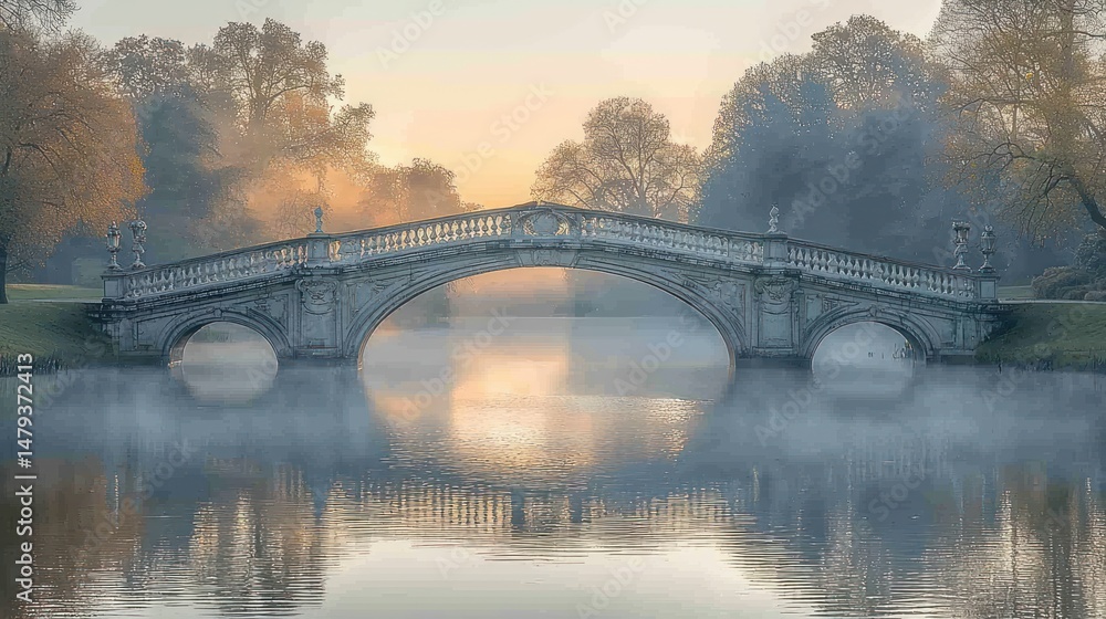 Obraz premium Misty morning bridge over tranquil water