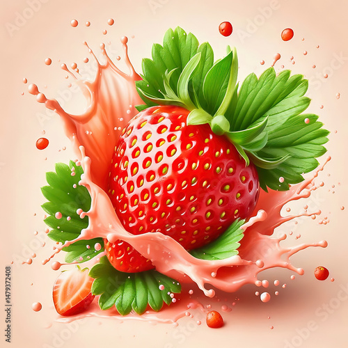 Fresh strawberry with green leaves, surrounded by splashing water. Vibrant colors