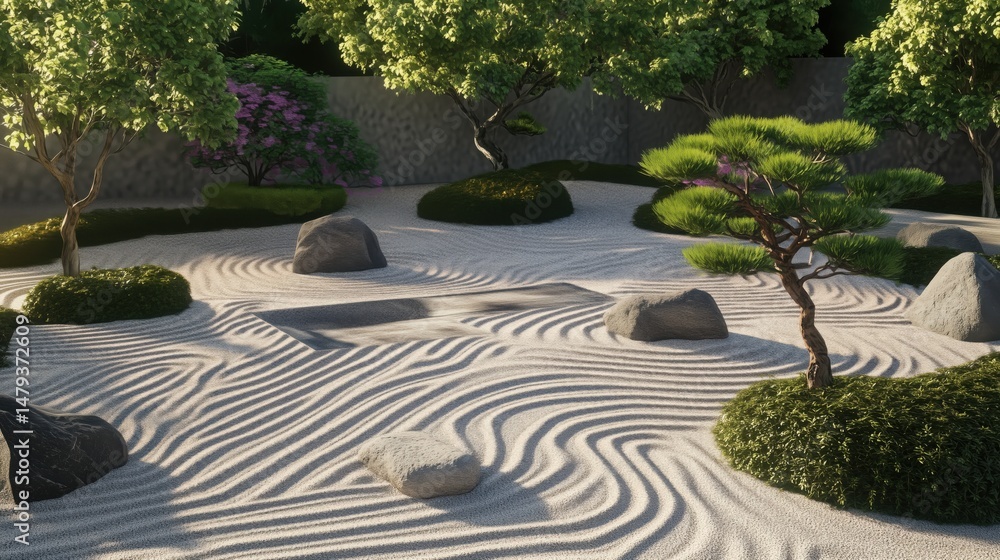 Fototapeta premium Zen Garden Sand Patterns with Stones and Bonsai for Tranquil Decor