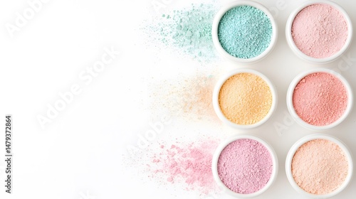 Pastel Colored Bath Salts in Small Bowls on White Background