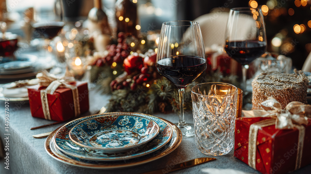 Vector realistic Christmas and New Year background, banner, flyer, greeting card, postcard. Horizontal orientation. Celebration table with plates and wine with gifts on top view. Vector realistic Christmas and New Year background, banner, flyer, greeting card, postcard. Horizontal orientation. Celebration table with plates and wine with gifts on top view.