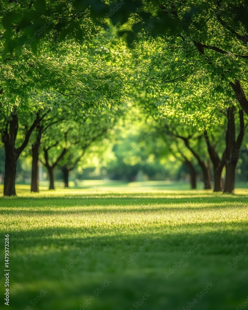Naklejka premium Serene park landscape with lush green grass and trees in perspective view on a sunny day in summer outdoors