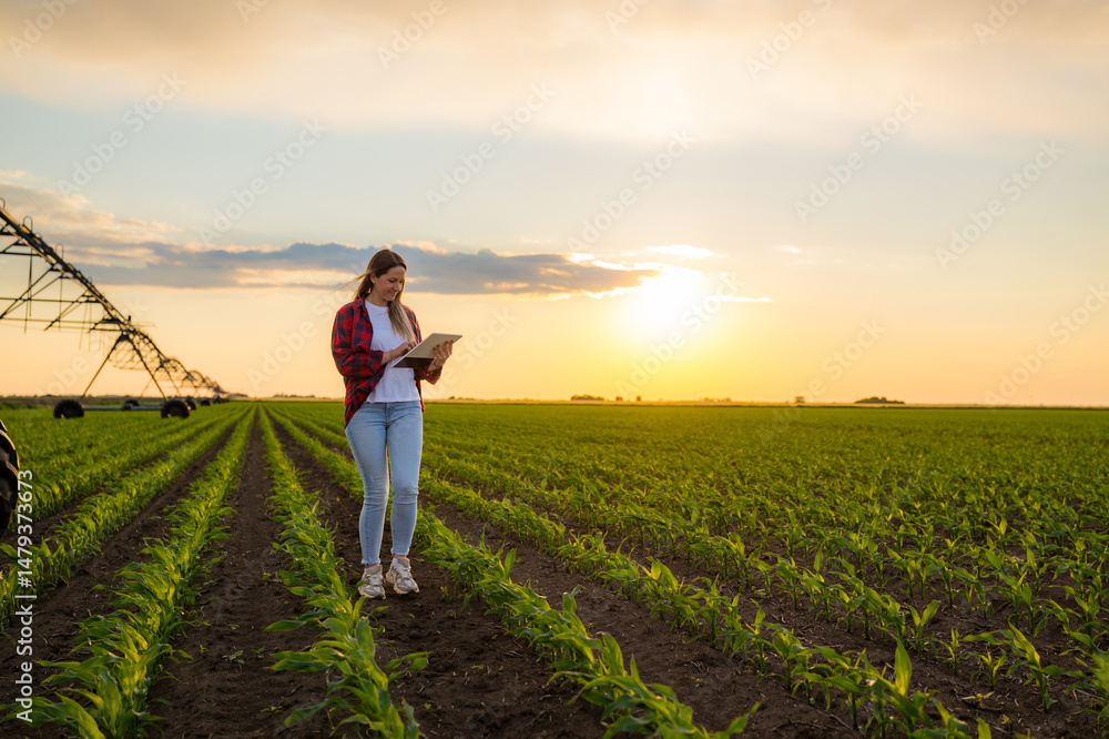Fototapeta premium Female farmer walking and using digital tablet in corn field at sunset, innovative technologies in agriculture, sustainable farming practices