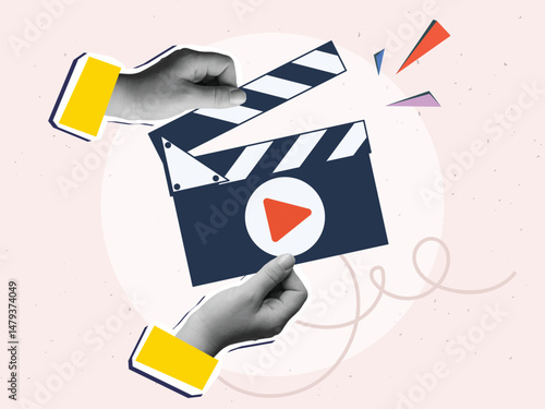 Hand with clapperboard with play button. Modern collage style. Vector illustration