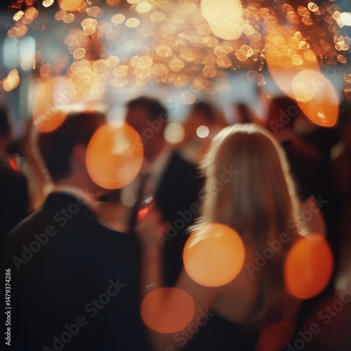 Elegant crowd socializing at evening gala event with warm bokeh lights soft focus abstract style indoor location