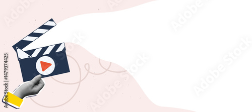 Horizontal banner with place for text - hand with clapperboard with play button. Modern collage style. Vector illustration