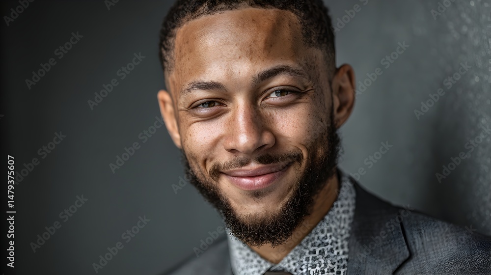 Fototapeta premium A confident young African American man smiles subtly while wea a grey suit and patterned shirt in a professional headshot.