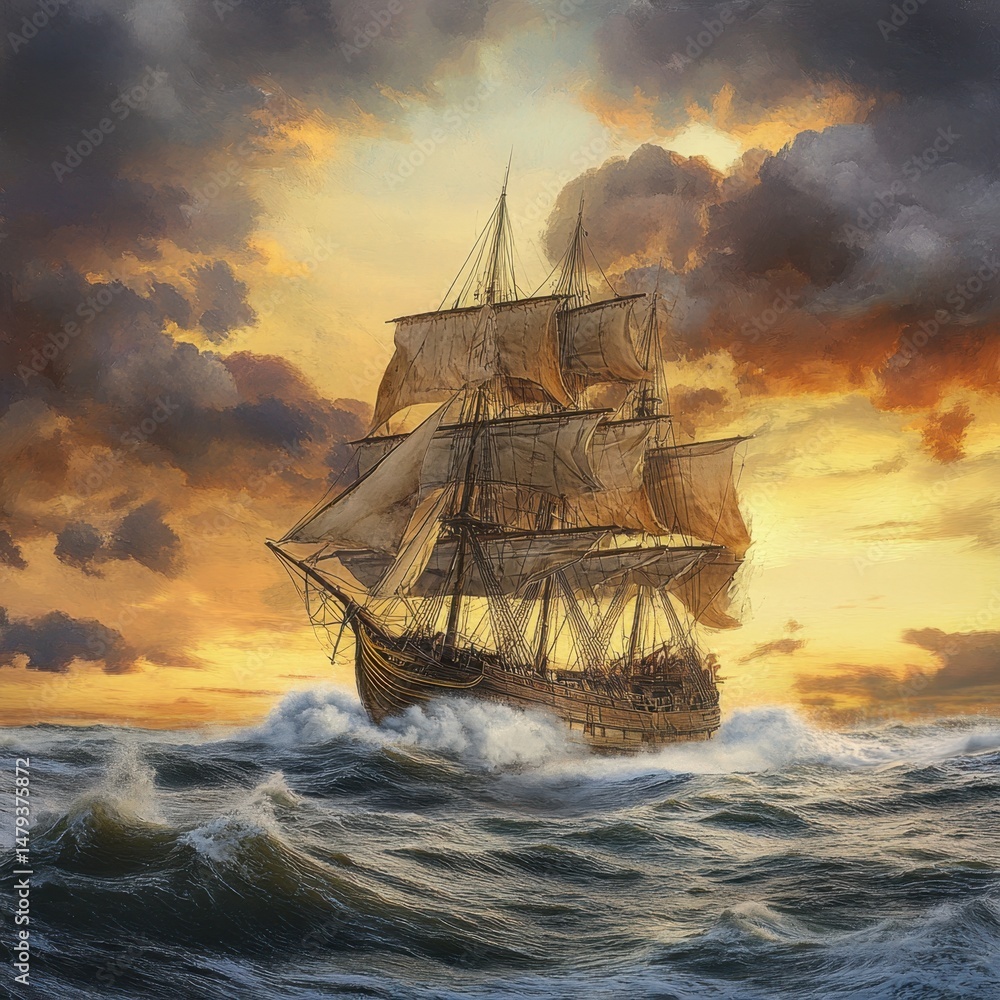 Fototapeta premium Tall ship sailing through rough ocean waves at sunset dramatic sky nautical vessel adventure maritime history