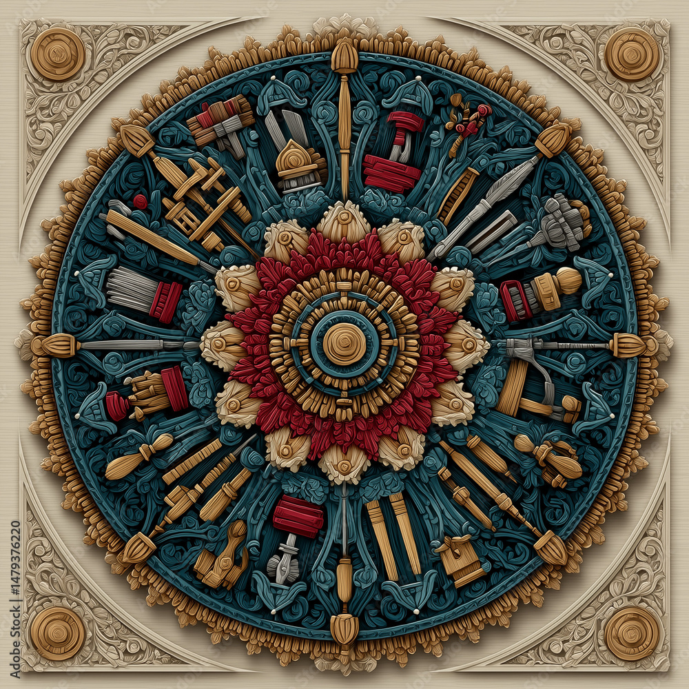 Fototapeta premium Decorative vector mandala made of various occupation tools and symbols, Labor Day celebration, radial symmetry