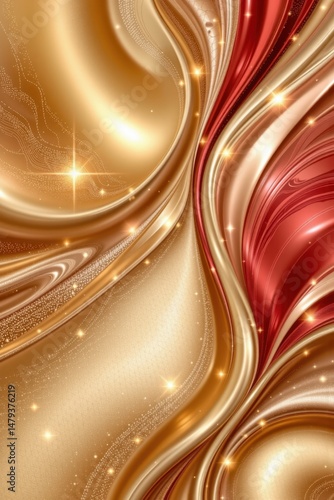 Elegant abstract background features flowing golden and red waves, accented by shimme lights creating a luxurious and festive atmosphere, a beautiful backdrop.