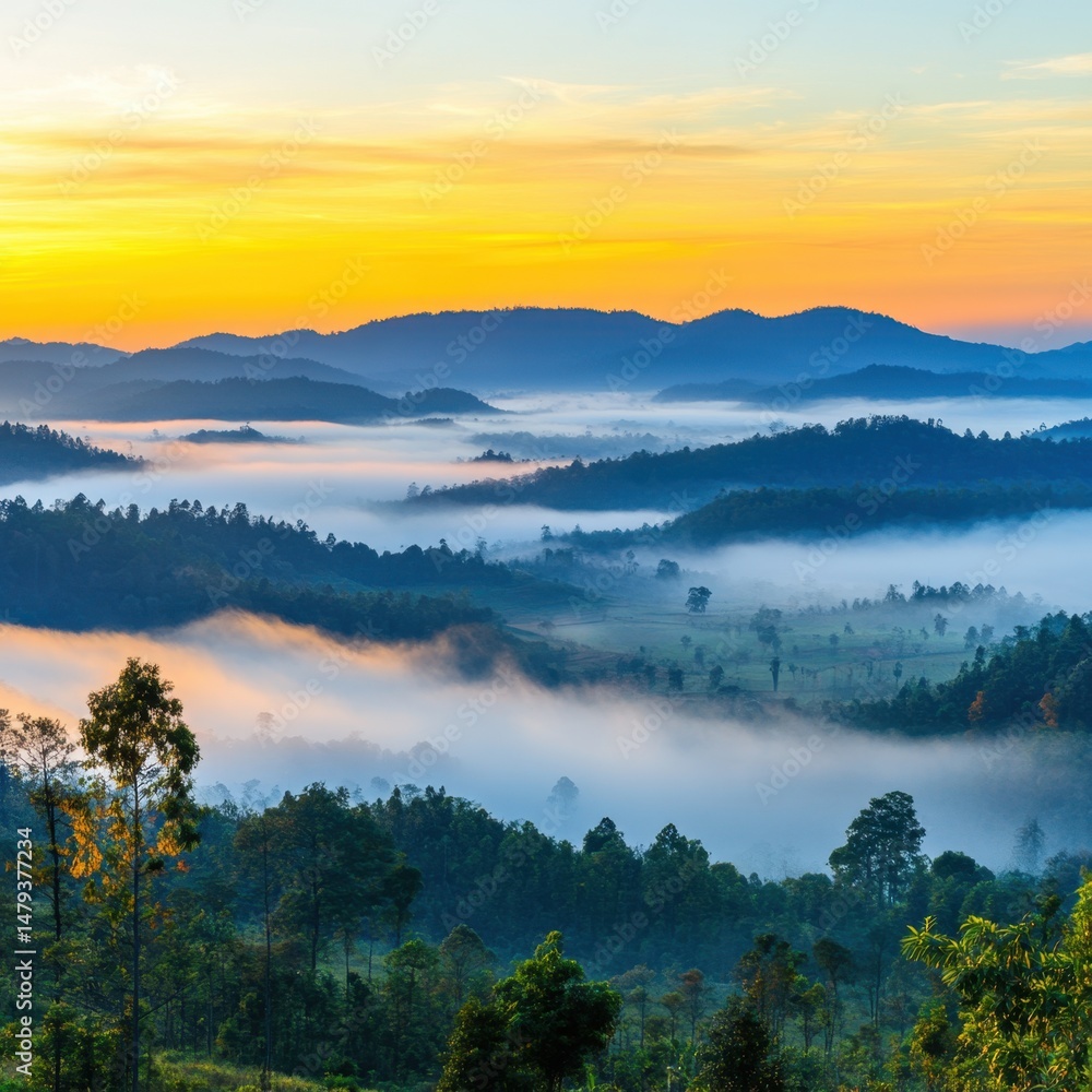 Fototapeta premium Misty Valley at Sunrise Aerial View of Rolling Hills and Forest Landscape with Golden Sky in Thailand