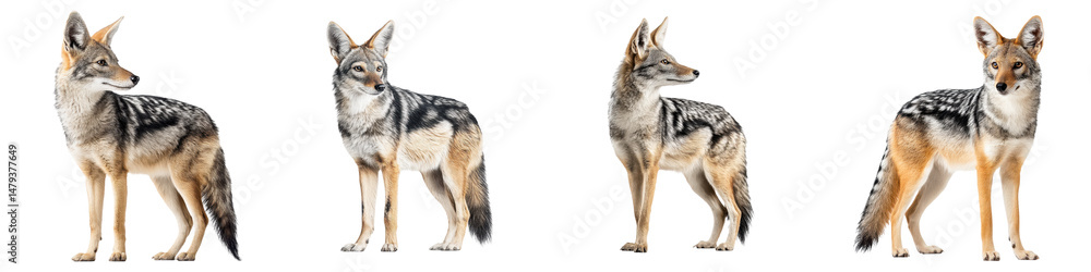 Fototapeta premium Elegant poses of a coyote, showcasing a graceful stance with soft fur and striking coloration, ideal for wildlife photography, nature studies, or educational content.