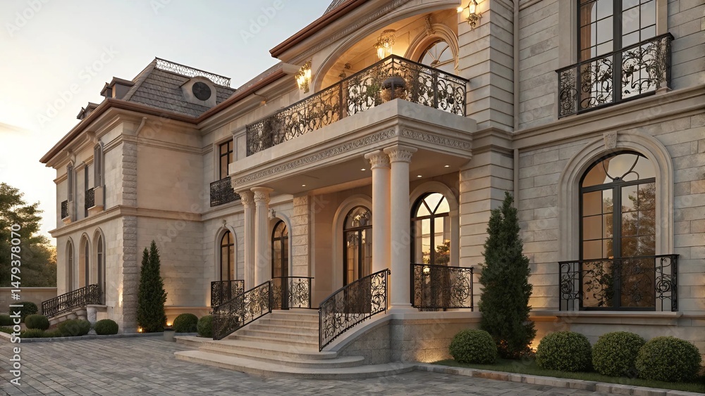 Naklejka premium Elegant Classic House Facade with Columns and Arches