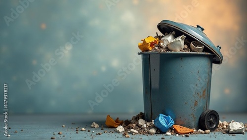 Overfilled metal dustbin overflowing with trash , junk, trash can