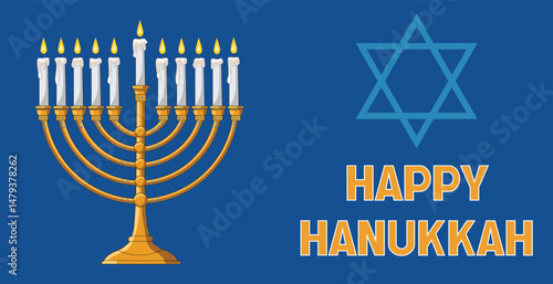 Happy Hanukkah Illustration with Menorah, Candles, and Star of David