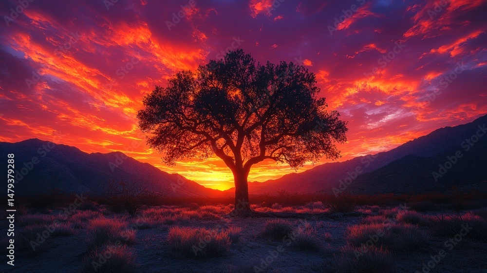 Fototapeta premium Dramatic sunset silhouettes a lone tree