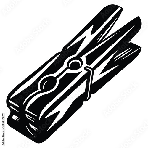 Vintage Style Black and White Illustration of a Wooden Clothespin