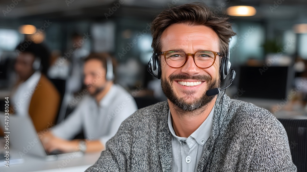Obraz premium A smiling customer service representative wea a headset sits at his desk in a busy call center office environment providing excellent support.