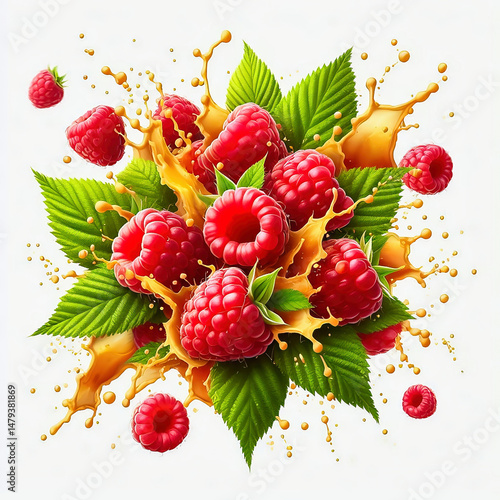 Juicy raspberries with green leaves, surrounded by splashing drops of water.