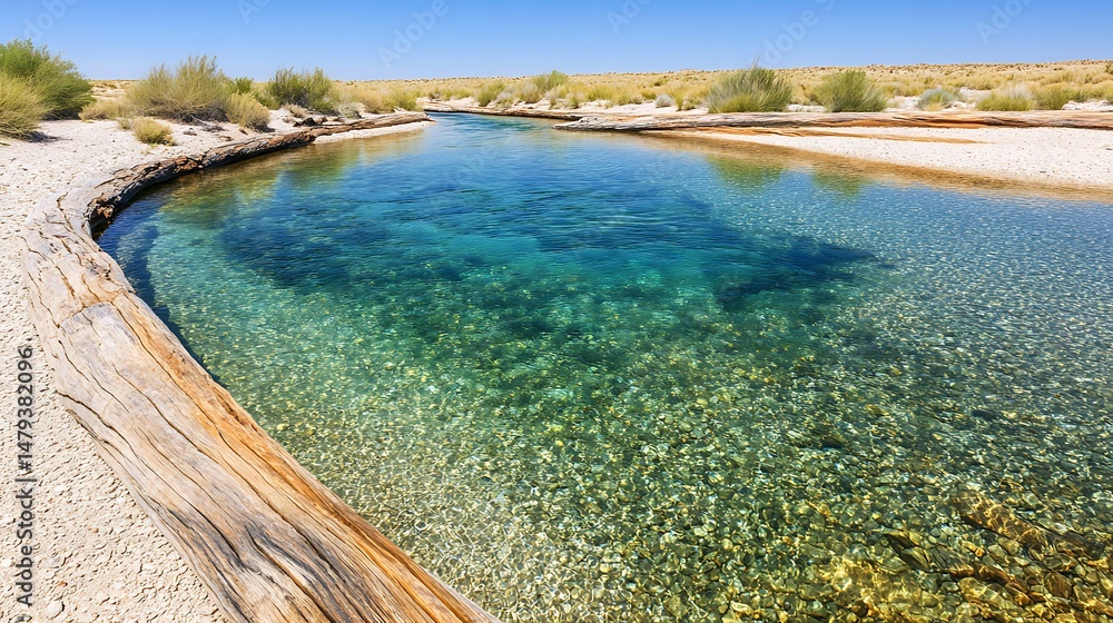 Obraz premium Crystal Clear Water flows through a desert oasis with a sunlit sandy beach and old wood log