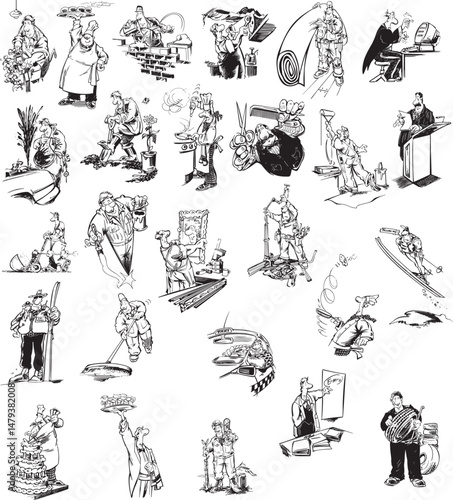 set of vector illustrations of a sketch of cartoon people, a collection of cartoon characters and scenes