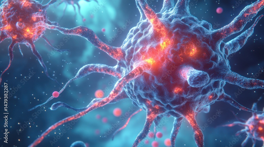 Brain Neuron's Active Realm: Dynamic visualization of a neuron, capturing intricate details, highlighting the neural network's raw power and energy. Brain Neuron's Active Realm: Dynamic visualization of a neuron, capturing intricate details, highlighting the neural network's raw power and energy.