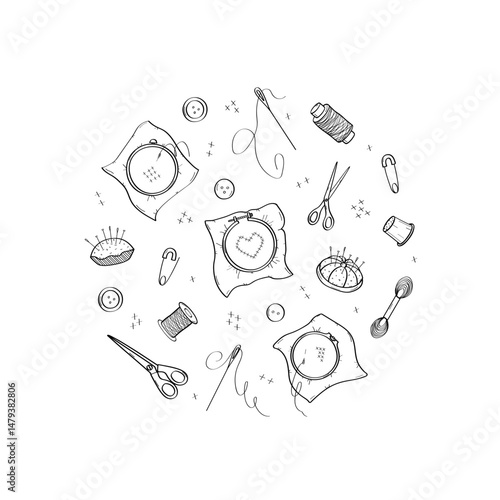 Set of elements for cross-stitch. Doodle icons of sewing tools for needlework. Design background.
