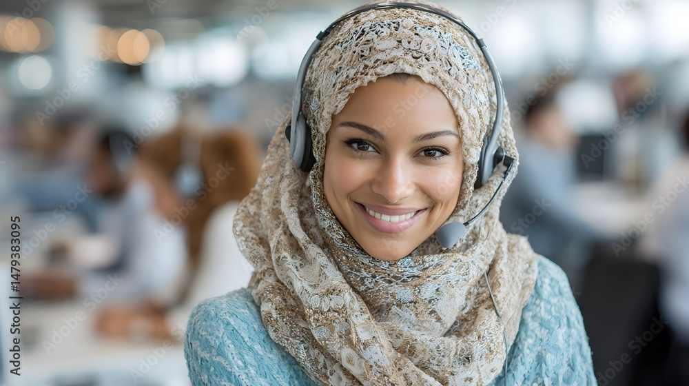 A smiling Muslim woman wea a hijab and headset works in a modern office call center providing excellent customer service. A smiling Muslim woman wea a hijab and headset works in a modern office call center providing excellent customer service.