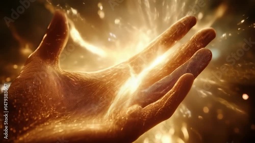 Close-up of illuminated human hand displaying golden light and energy streams, glowing magical aura in dark mysterious space
