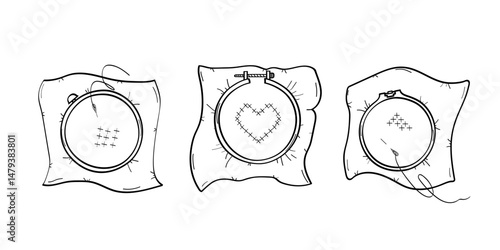 Cross-stitch embroidery hoop and canvas. Vector doodle illustration. Print for design. Isolate on a white background.