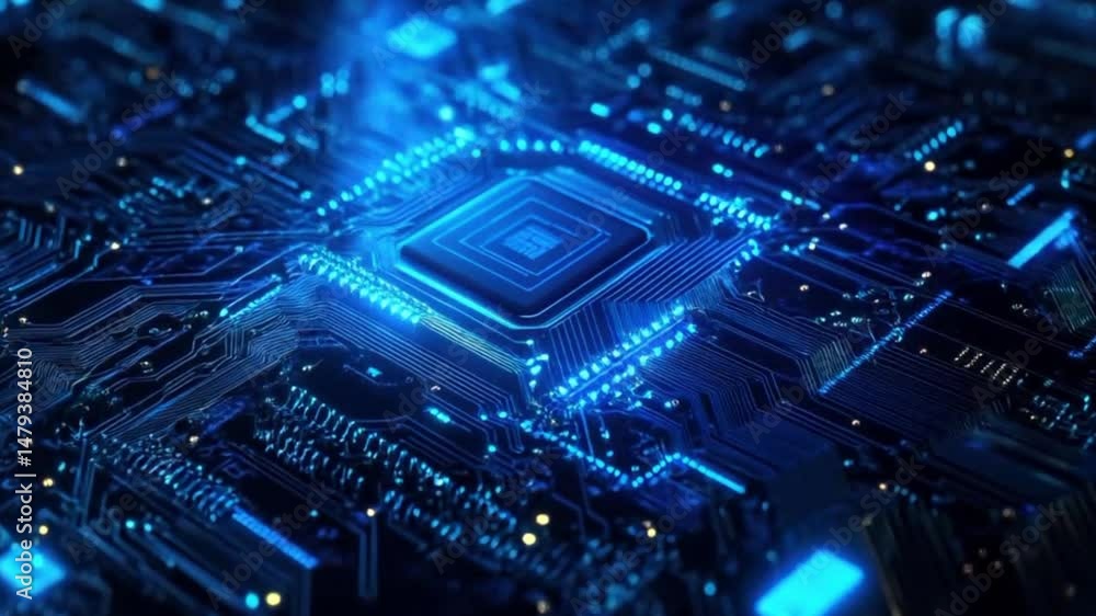 Abstract AI circuit board background. Technology connected blue lines with electronics elements on tech bg. Computer motherboard with a chip, processor, and semiconductor. Digital Abstract AI circuit board background. Technology connected blue lines with electronics elements on tech bg. Computer motherboard with a chip, processor, and semiconductor. Digital