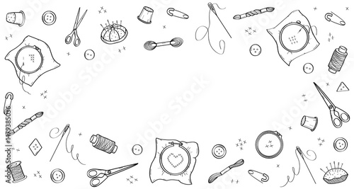 Set of elements for cross-stitch. Doodle icons of sewing tools for needlework. Design background.