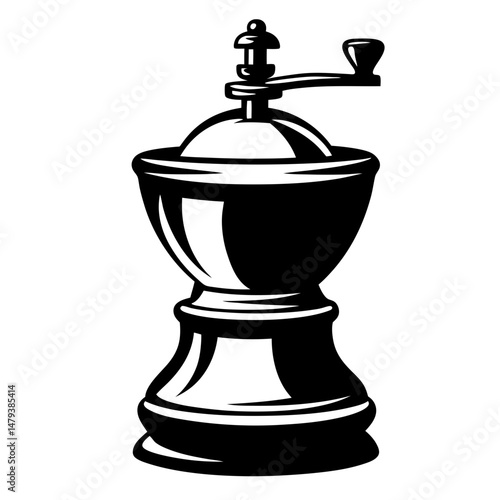 Stylized black and white vector illustration of a coffee grinder device