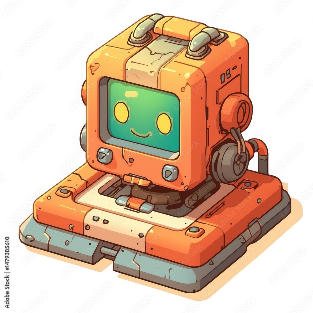 Fototapeta premium Cute, stylized robot with a monitor face. Retro, techy design