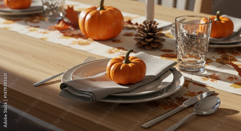 Naklejka premium Autumn table setting with pumpkins and decorative leaves