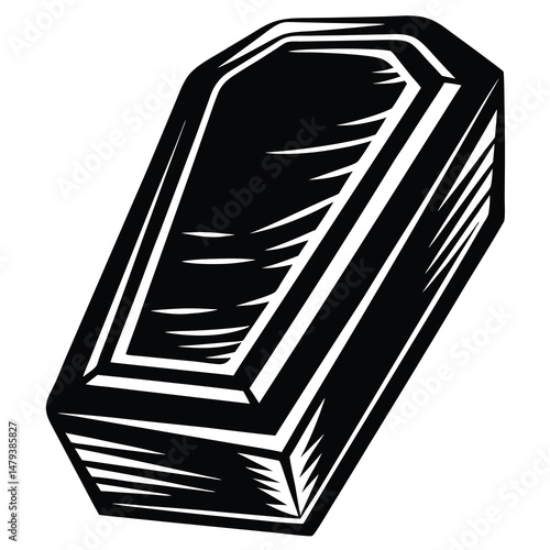 Monochrome Woodcut Style Image Depicting a Coffin or Casket with Depth