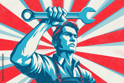 flat vector art of a strong worker holding a wrench, sunburst background, retro propaganda poster style, Labor Day