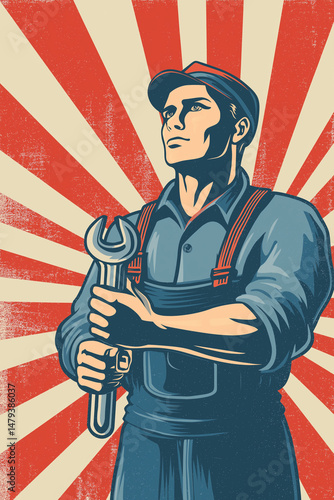 flat vector art of a strong worker holding a wrench, sunburst background, retro propaganda poster style, Labor Day